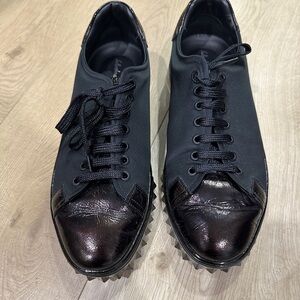 Salvatore feregamo black sneakers. Nylon and shiny crinkle leather in bronze